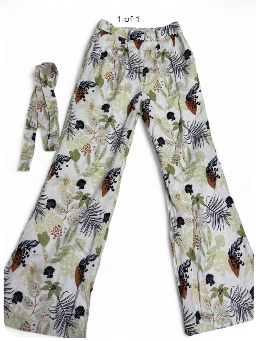 Charlie Holiday Wide Leg Botanical Print Pants - White, Green & Brown